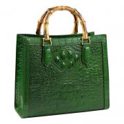 Crocodile Pattern Leather Women's Bag Bamboo Top-Handle Satchel Handbags Portable Tote Bag Shoulder Messenger Bags (Green)