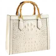Crocodile Pattern Leather Women's Bag Bamboo Top-Handle Satchel Handbags Portable Tote Bag Shoulder Messenger Bags (White)
