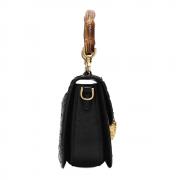 Ostrich Leather Purse Women Bag Real Bamboo Top-Handle Satchel Handbags Portable Saddle Bag Small Shoulder Messenger Bag(Black)