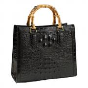 Crocodile Pattern Leather Women's Bag Bamboo Top-Handle Satchel Handbags Portable Tote Bag Shoulder Messenger Bags (Black)