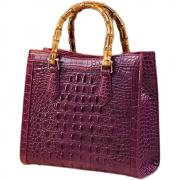 Crocodile Pattern Leather Women's Bag Bamboo Top-Handle Satchel Handbags Portable Tote Bag Shoulder Messenger Bags (Purple)